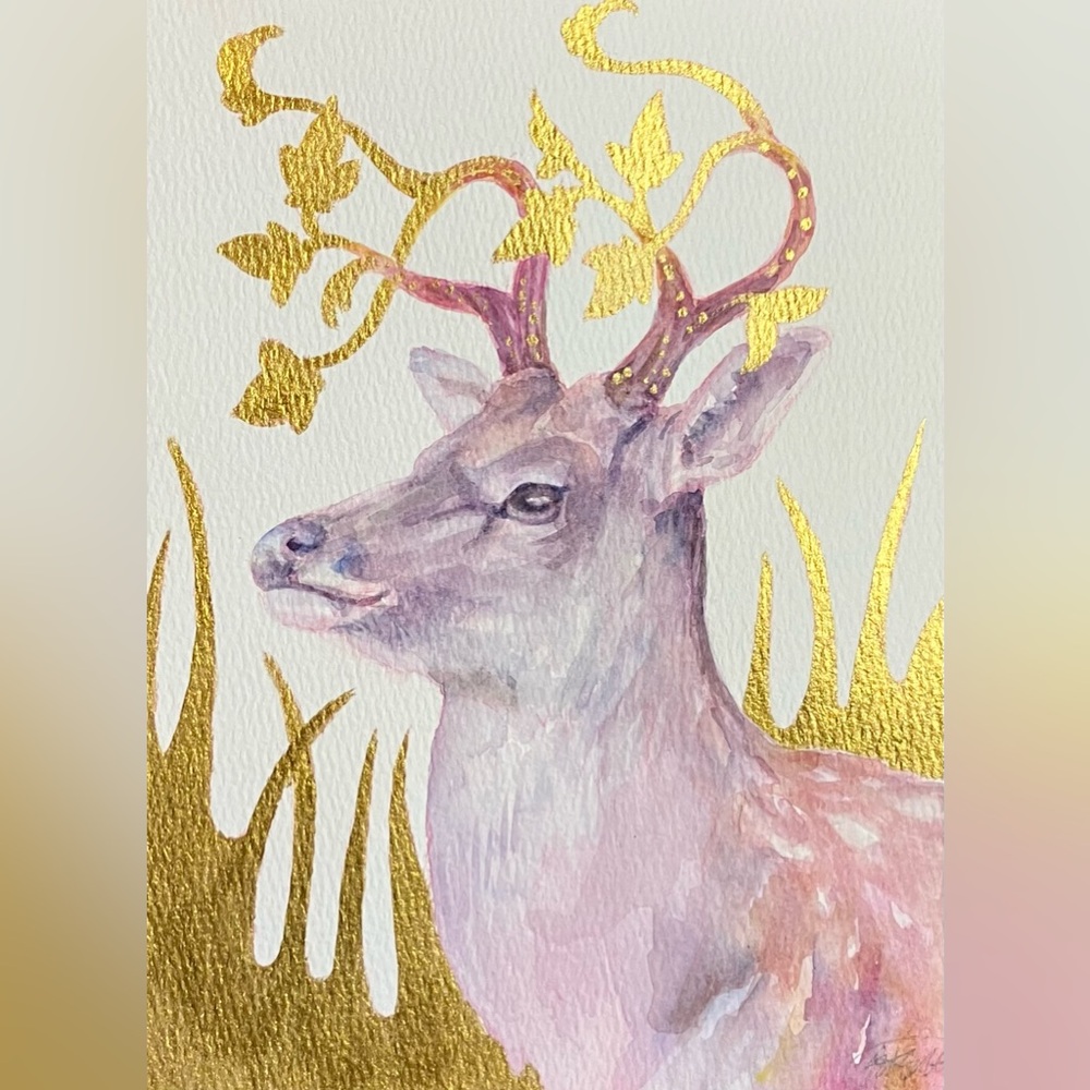 Original Deer painting with Gold accents Antlers Whimsical Woodland Creature USA